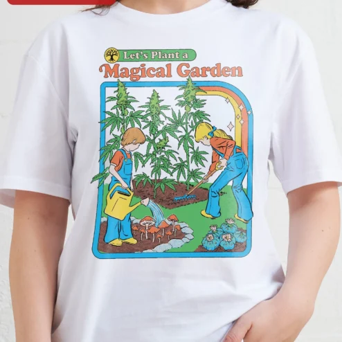 Customer in Chicago, Illinois wearing Let's Plant a Magical Garden Tee Retro Cannabis Gardener Shirt for Women Men