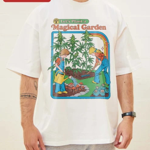 Customer in Chicago, Illinois wearing Let's Plant a Magical Garden Tee Retro Cannabis Gardening Shirt for Plant Lovers