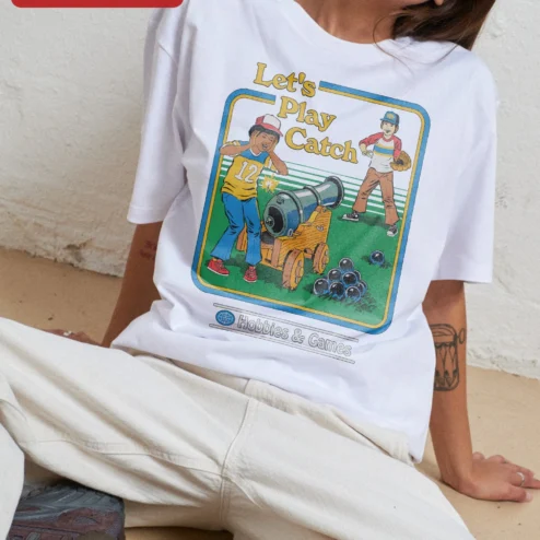 Close-up of Let's Play Catch Jujutsu Kaisen Meme Graphic Tee Anime Fan Gift for streetwear fans in Chicago, Illinois