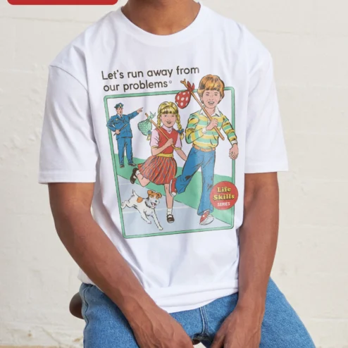 Let's Run Away From Our Problems Vintage Retro Sarcastic Tee on a hanger, ready to ship from Chicago, Illinois