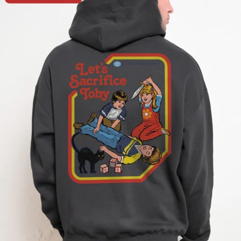 Close-up of Let's Sacrifice Toby Hoodie Steven Rhodes Retro Occult Graphic Pullover Funny Cat Gift for streetwear fans in Chicago, Illinois
