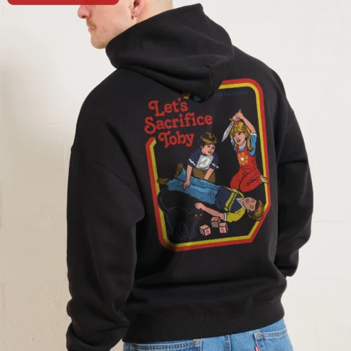 Close-up of Let's Sacrifice Toby Hoodie Steven Rhodes Retro Occult Graphic Pullover Funny Cat Gift for streetwear fans in Chicago, Illinois
