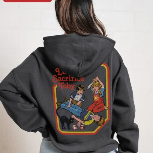 Customer in Chicago, Illinois wearing Let's Sacrifice Toby Hoodie Steven Rhodes Retro Occult Graphic Pullover Funny Cat Gift