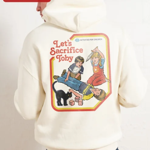 Close-up of Let's Sacrifice Toby Hoodie Steven Rhodes Retro Occult Graphic Pullover Funny Cat Gift for streetwear fans in Chicago, Illinois