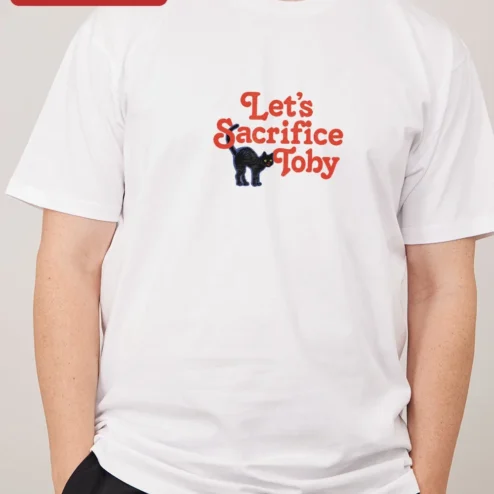 Let's Sacrifice Toby Tee Funny Black Cat Retro Ringer Shirt Gift for Men Women on a hanger, ready to ship from Chicago, Illinois