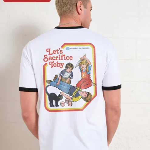 Customer in Chicago, Illinois wearing Let's Sacrifice Toby Tee Funny Black Cat Retro Ringer Shirt Gift for Men Women