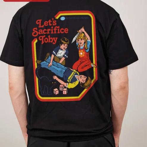 Close-up of Let's Sacrifice Toby Tee Funny Black Cat Retro Ringer Shirt Gift for Men Women for streetwear fans in Chicago, Illinois