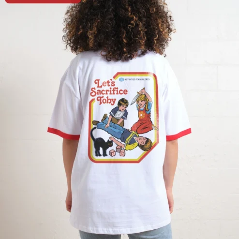 Customer in Chicago, Illinois wearing Let's Sacrifice Toby Tee Funny Black Cat Retro Ringer Shirt Gift for Men Women