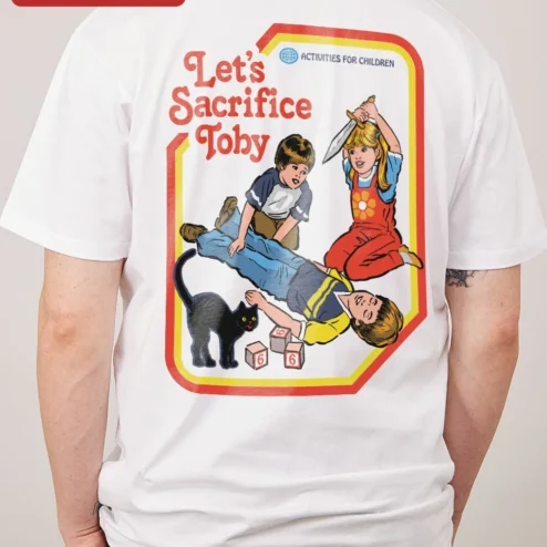 Close-up of Let's Sacrifice Toby Tee Funny Black Cat Retro Ringer Shirt Gift for Men Women for streetwear fans in Chicago, Illinois