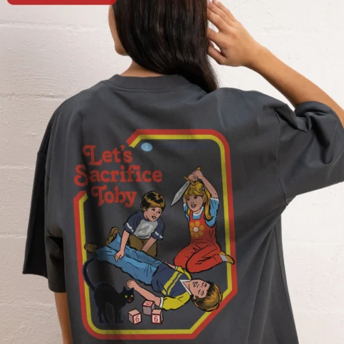 Customer in Chicago, Illinois wearing Let's Sacrifice Toby Tee Retro Black Cat Graphic T-Shirt Funny Dark Humor Gift for Cat Owners