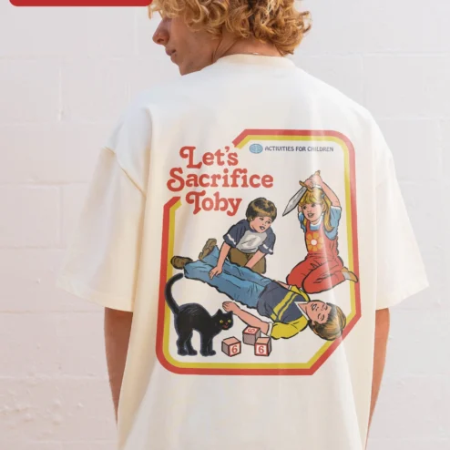 Close-up of Let's Sacrifice Toby Tee Retro Black Cat Graphic T-Shirt Funny Dark Humor Gift for Cat Owners for streetwear fans in Chicago, Illinois