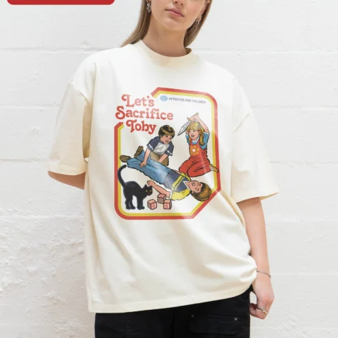 Let's Sacrifice Toby Tee Retro Dark Humor Graphic T-Shirt for Women Men on a hanger, ready to ship from Chicago, Illinois