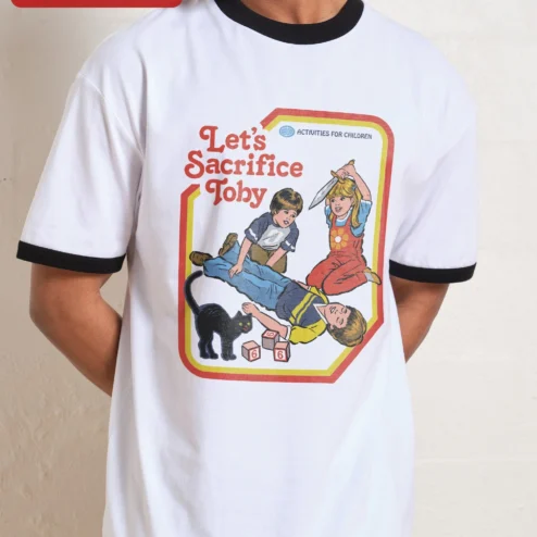 Let's Sacrifice Toby Tee Steven Rhodes Retro Dark Humor Graphic T-Shirt Unisex Cotton Gift on a hanger, ready to ship from Chicago, Illinois