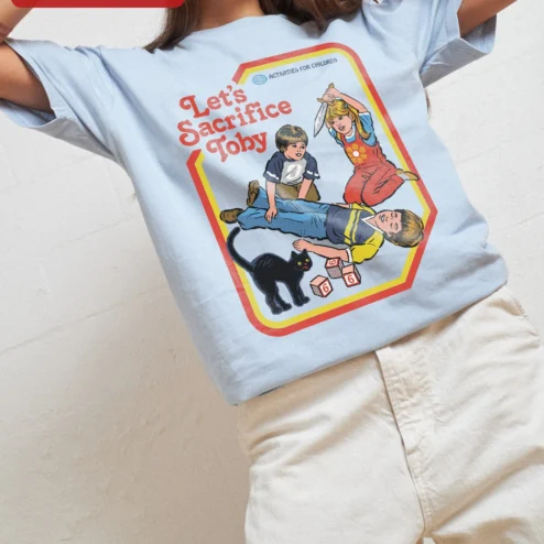 Close-up of Let's Sacrifice Toby Tee Steven Rhodes Retro Dark Humor Graphic T-Shirt Unisex Cotton Gift for streetwear fans in Chicago, Illinois