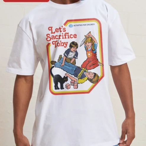 Close-up of Let's Sacrifice Toby Tee Steven Rhodes Retro Dark Humor Graphic T-Shirt Unisex Cotton Gift for streetwear fans in Chicago, Illinois