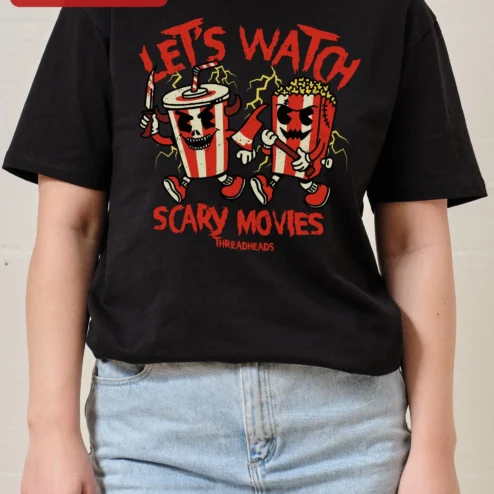 Let's Watch Scary Movies Vintage Horror Snack Monsters Graphic Tee for Halloween Fans