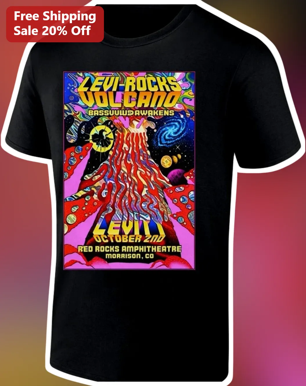 LEVI-ROCKS VOLCANO Tee Levity Red Rocks Amphitheatre Psychedelic Concert Graphic Shirt