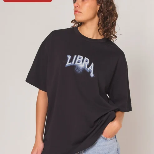 Libra Zodiac Graphic Tee Retro Airbrush Y2K Style Black Oversized T-Shirt for Women Men