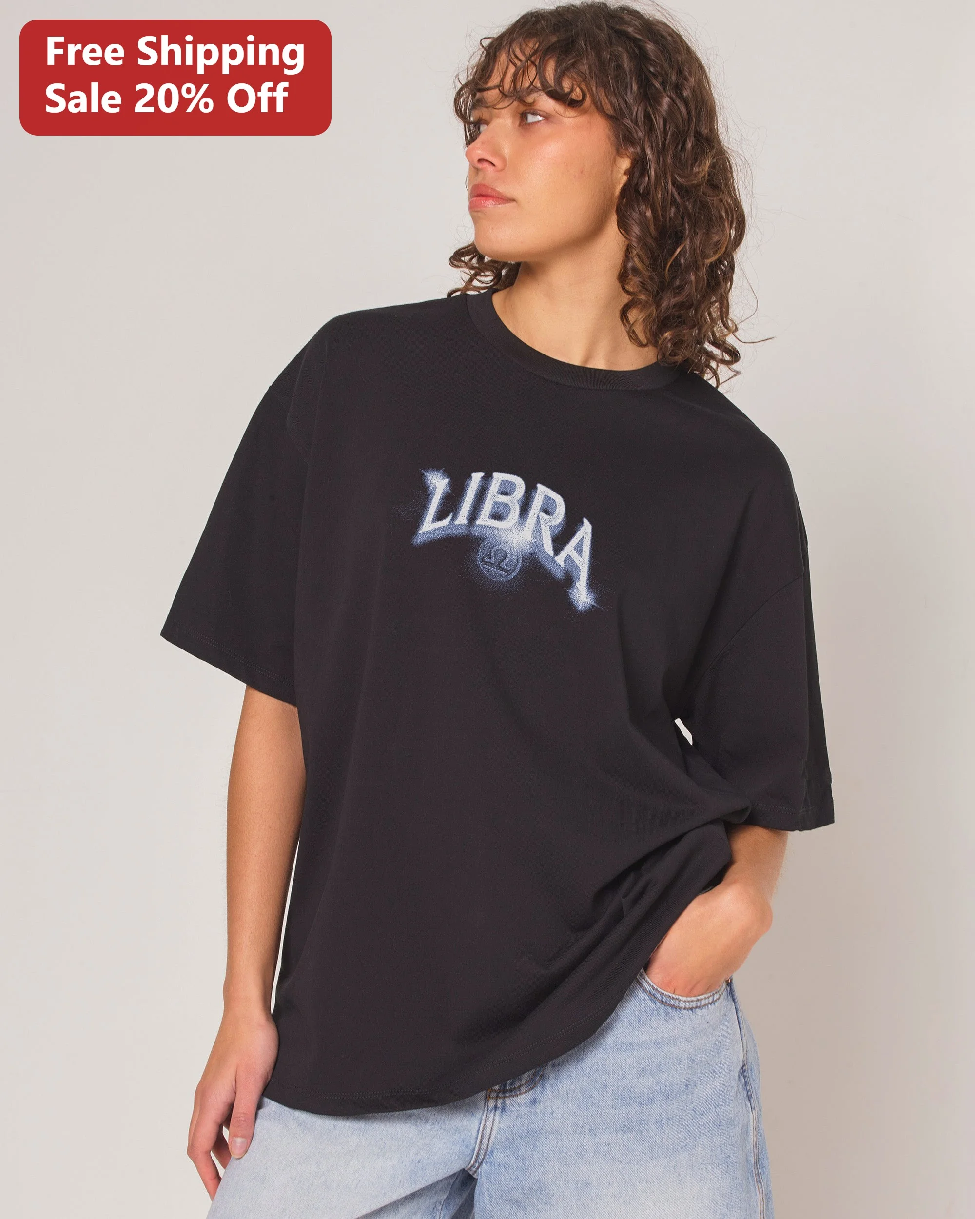 Libra Zodiac Graphic Tee Retro Airbrush Y2K Style Black Oversized T-Shirt for Women Men