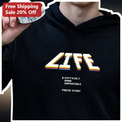 Life Difficult Hard Impossible Press Start Hoodie Retro Pixel Art Gaming Gift