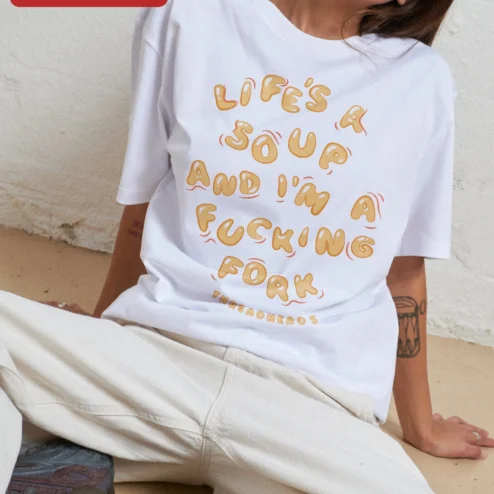 Close-up of Life's A Soup And I'm A F***ing Fork Graphic Tee Funny Sarcastic Food Pun Shirt for Adults for streetwear fans in Chicago, Illinois