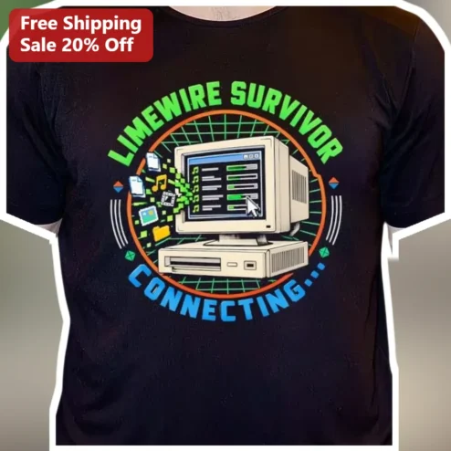 Limewire Survivor Connecting Retro Computer Graphic Tee Y2K Nostalgia Internet Humor Shirt
