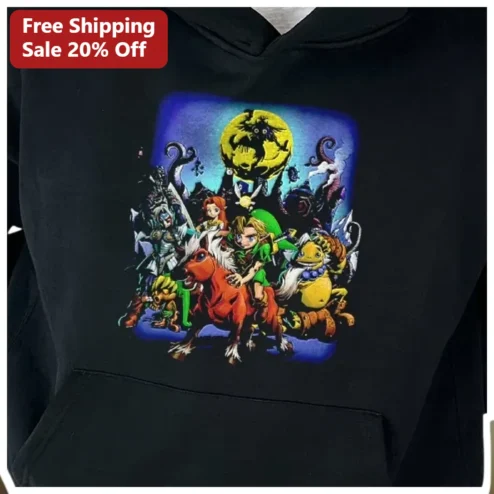 Link Zelda Fan Art Hoodie Legend of Breath of the Wild Majora's Mask Graphic Pullover for Gamers available at our Chicago, Illinois warehouse