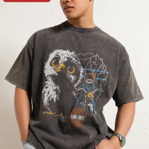 Live Free Cry Hard Tee Distressed Crying Eagle Skeleton Biker Grunge Vintage Wash Shirt on a hanger, ready to ship from Chicago, Illinois