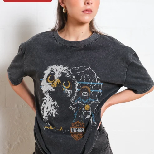 Live Free Cry Hard Tee Distressed Crying Eagle Skeleton Biker Grunge Vintage Wash Shirt