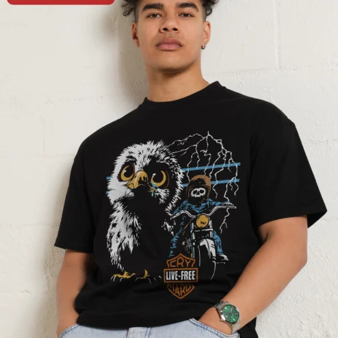 Live Free Cry Hard Tee Skeleton Biker Owl Graphic Shirt for Women Men on a hanger, ready to ship from Chicago, Illinois