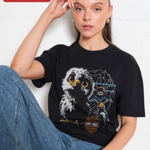 Live Free Cry Hard Tee Skeleton Biker Owl Graphic Shirt for Women Men