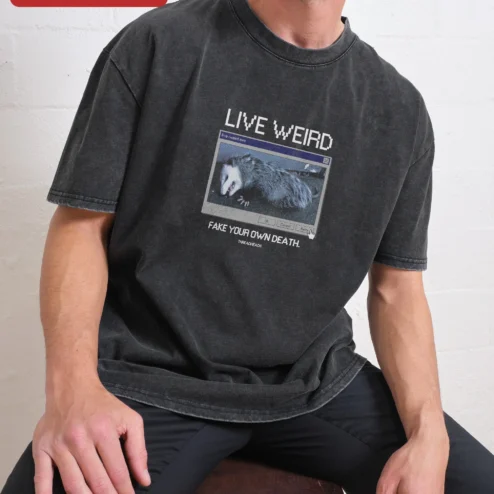 Live Weird Fake Your Own Death Opossum Tee Dark Humor Retro Windows Graphic Shirt