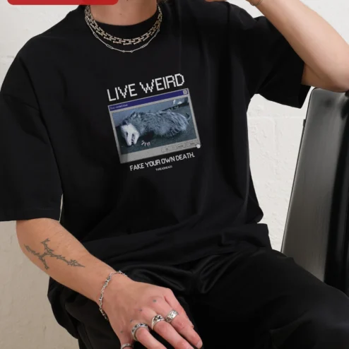 Live Weird Fake Your Own Death Opossum Tee Dark Humor Y2K Grunge Graphic Shirt for Gen Z