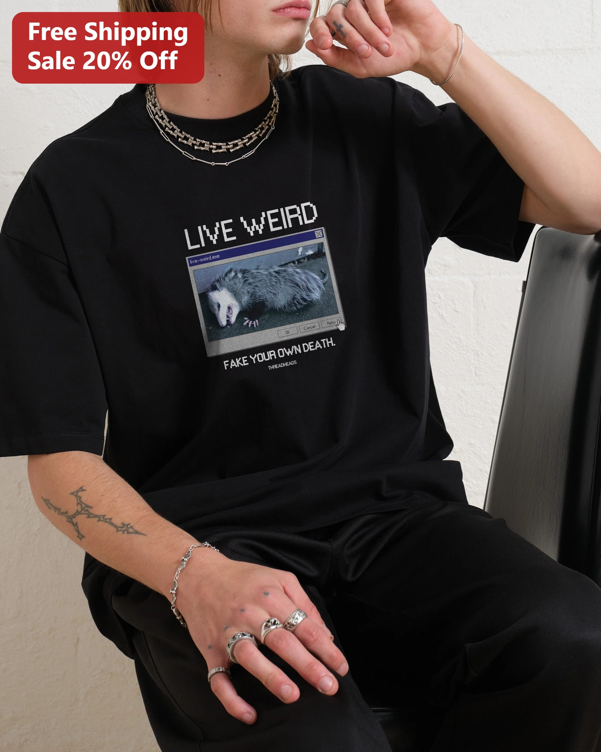 Live Weird Fake Your Own Death Opossum Tee Dark Humor Y2K Grunge Graphic Shirt for Gen Z