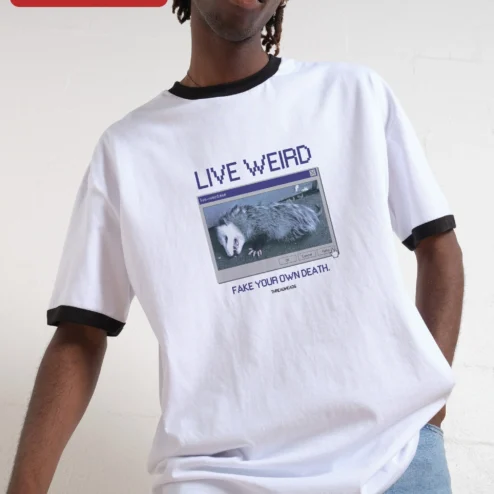 Live Weird Fake Your Own Death Opossum Tee Retro Computer Window Graphic Shirt