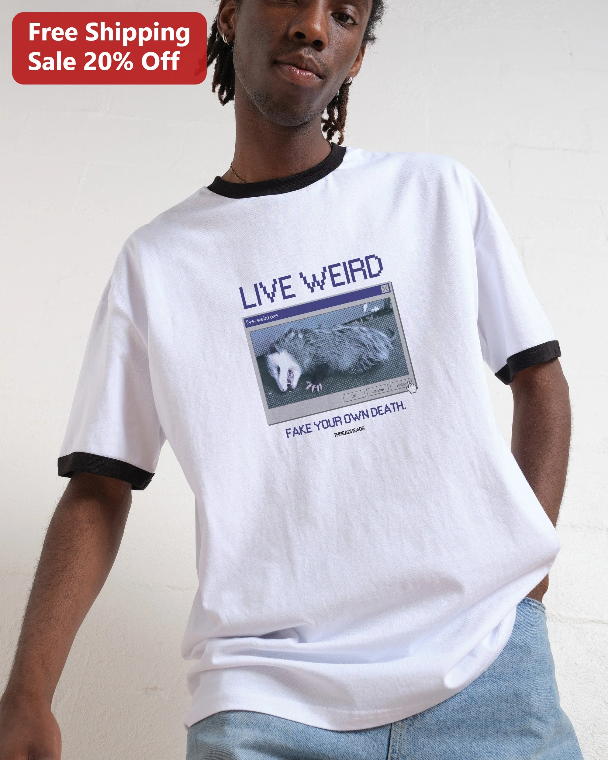 Live Weird Fake Your Own Death Opossum Tee Retro Computer Window Graphic Shirt