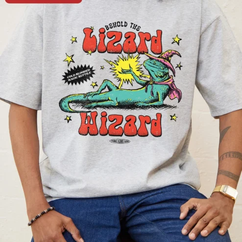 Close-up of Lizard Wizard Behold The Cold-Blooded Magic Reptile Tee Fantasy D&D RPG Gift for streetwear fans in Chicago, Illinois
