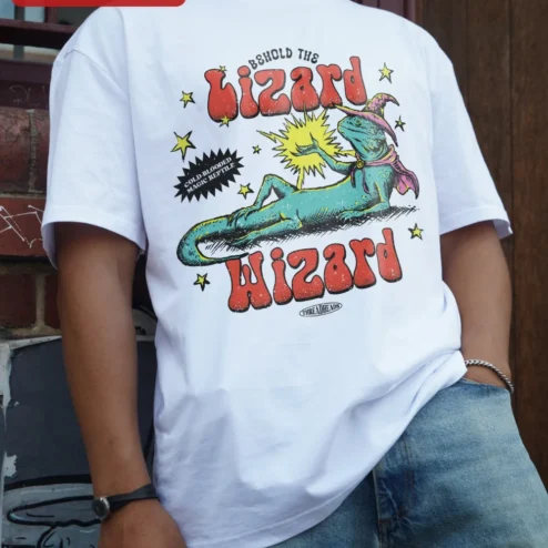 Close-up of Lizard Wizard Behold The Cold-Blooded Magic Reptile Tee Fantasy D&D RPG Gift for streetwear fans in Chicago, Illinois