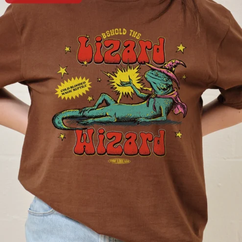 Close-up of Lizard Wizard Behold The Cold-Blooded Magic Reptile Tee Fantasy D&D RPG Gift for streetwear fans in Chicago, Illinois