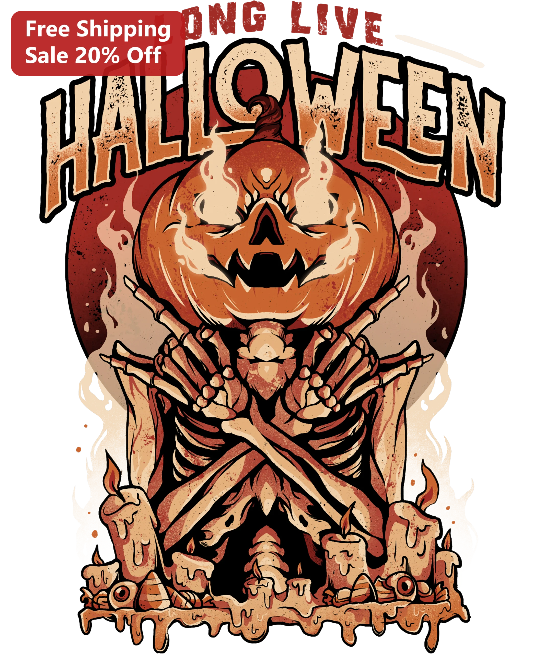 Long Live Halloween Tee Retro Spooky Skeleton Pumpkin Shirt Vintage Distressed Graphic T-Shirt Gift