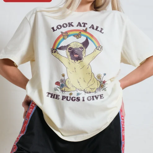 Look At All The Pugs I Give Funny Pug Lover Graphic Tee for Dog Owners on a hanger, ready to ship from Chicago, Illinois