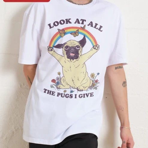 Customer in Chicago, Illinois wearing Look At All The Pugs I Give Funny Pug Lover Graphic Tee for Dog Owners
