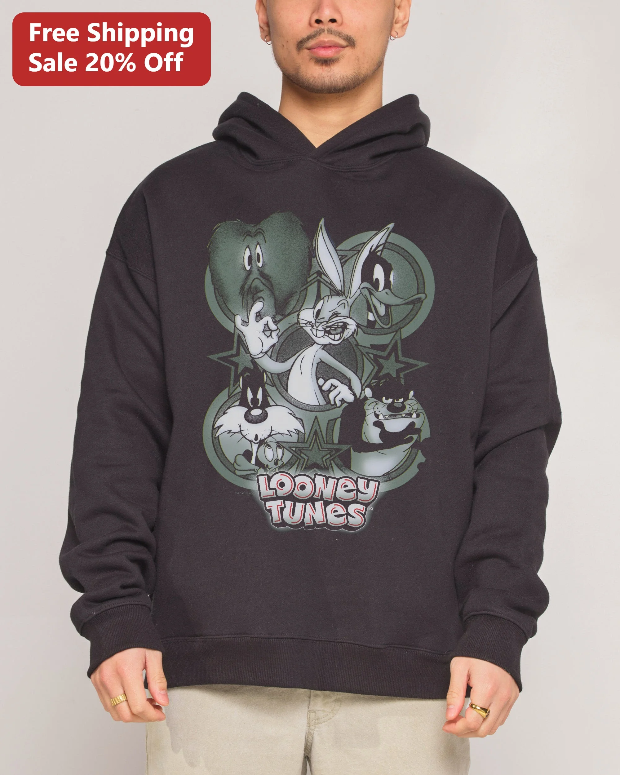 Looney Tunes Vintage Graphic Hoodie Bugs Bunny Daffy Duck Pullover Sweatshirt