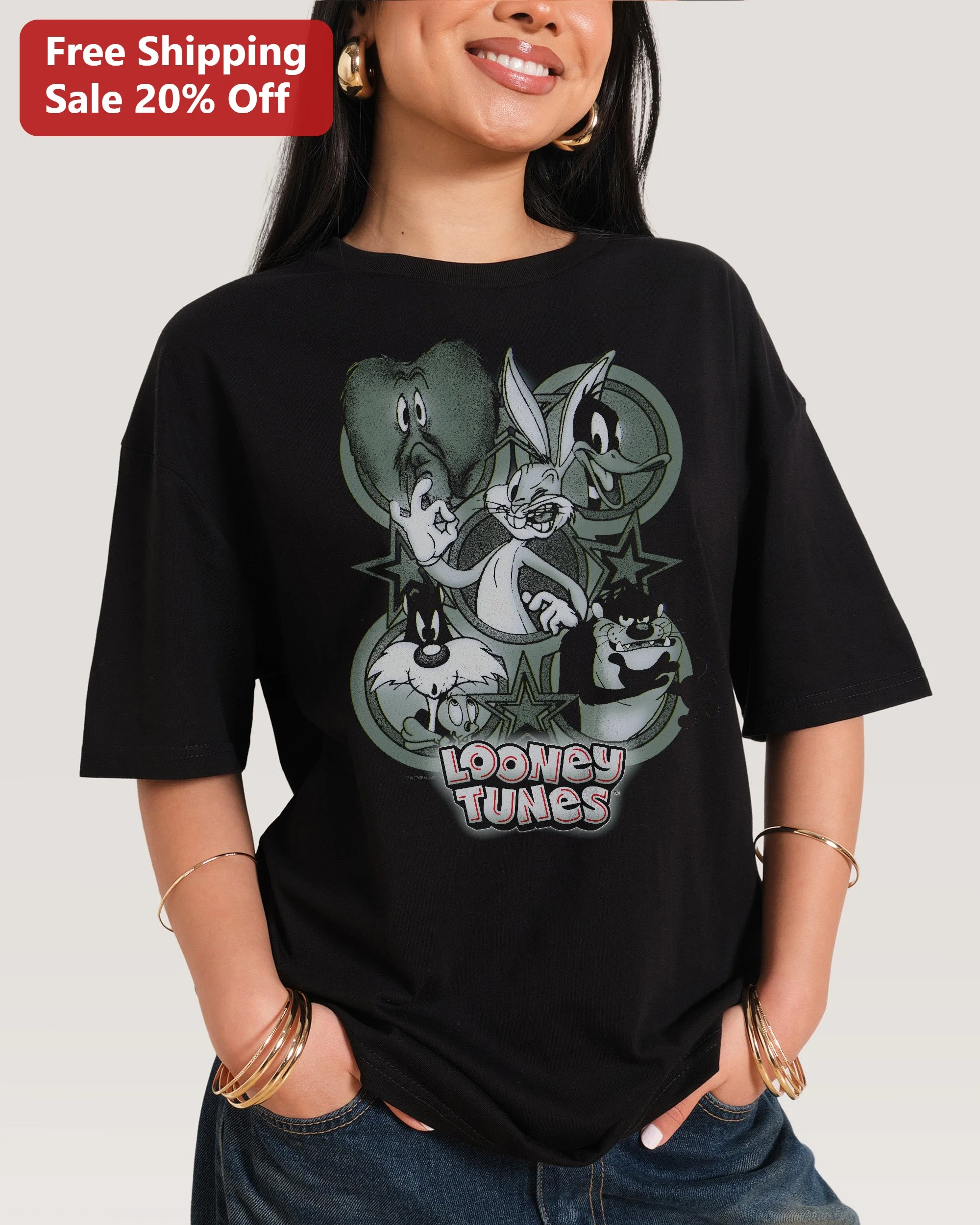 Looney Tunes Vintage Retro Bugs Bunny Daffy Duck Oversized Graphic Tee