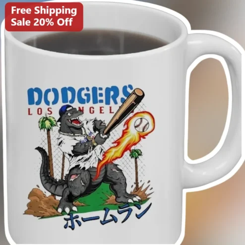 Los Angeles Dodgers Godzilla Home Run Mug Funny Kaiju Baseball Fan Gift