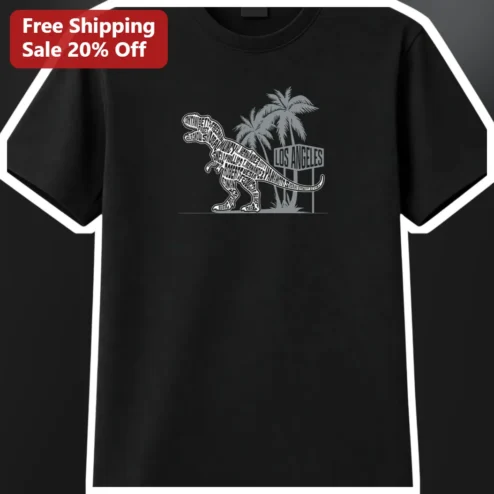Los Angeles Tee T-Rex Word Art Palm Tree Graphic Shirt for Travelers