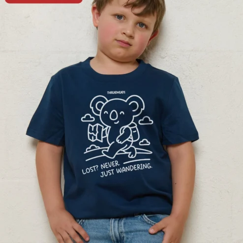 Lost Never Just Wandering Kids Tee Cute Koala Travel Shirt on a hanger, ready to ship from Chicago, Illinois
