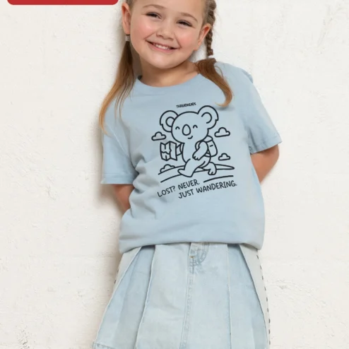 Customer in Chicago, Illinois wearing Lost Never Just Wandering Kids Tee Cute Koala Travel Shirt