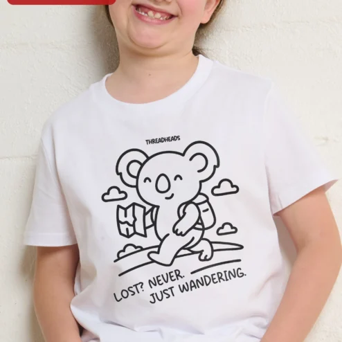 Close-up of Lost Never Just Wandering Kids Tee Cute Koala Travel Shirt for streetwear fans in Chicago, Illinois