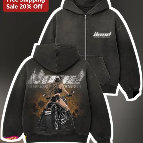 LOUD Biker Babe Acid Wash Zip Up Hoodie Motorcycle Rider Girl Streetwear